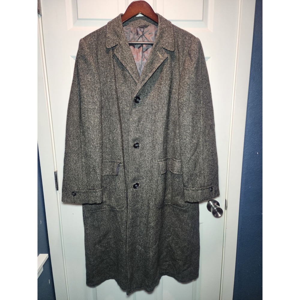 Vintage 60s Robert Hall Tweed Wool Overcoat Grey British Isles Long Coat Men's